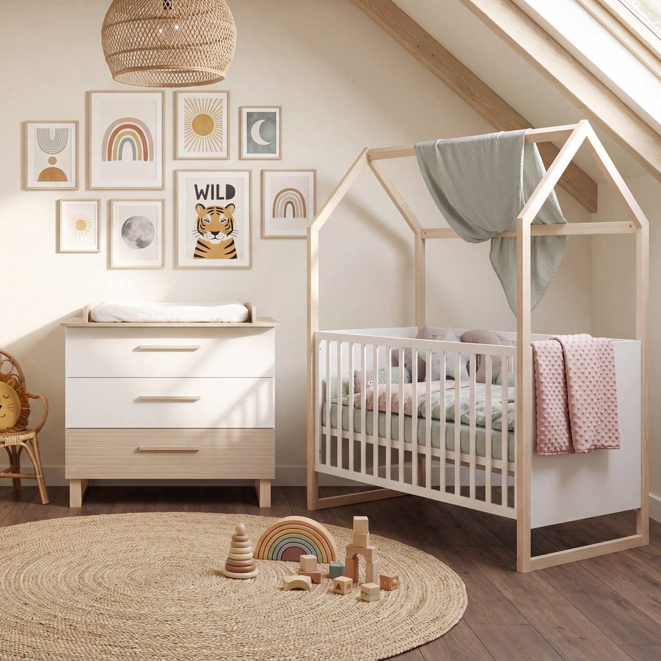 Ensemble Chambre Bébé 'noah' Duo - Lit Cabane 70 X 140 Cm + Commode À Langer Blanc - Chêne Tristan