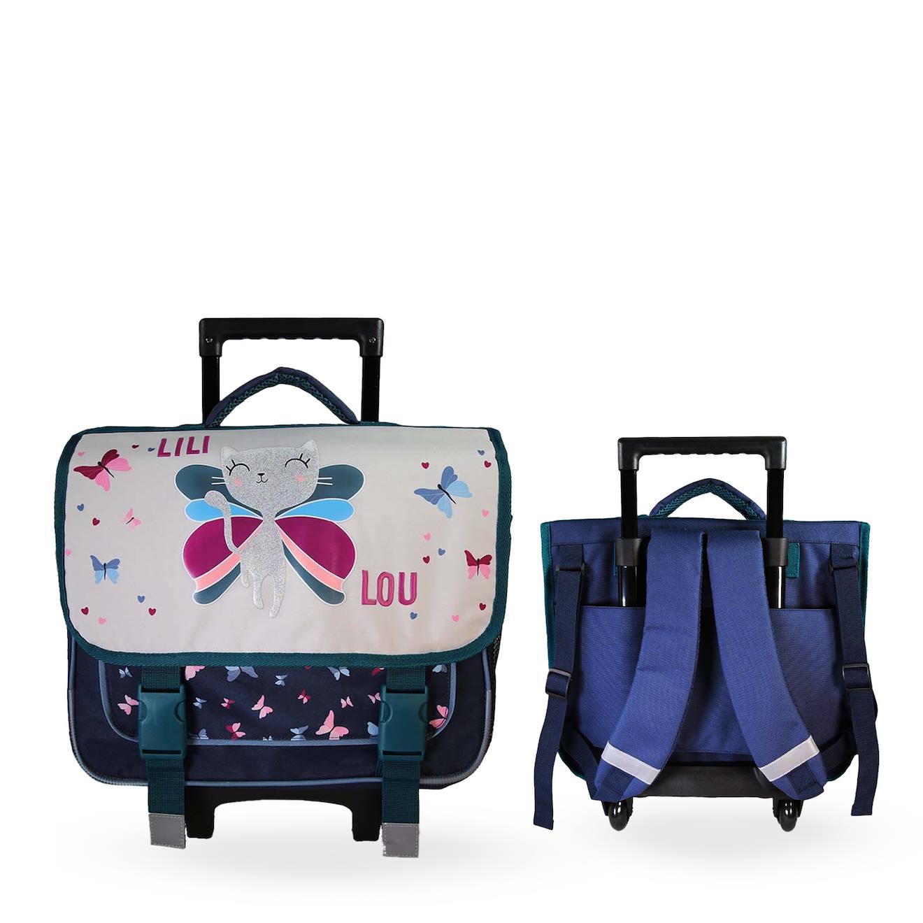 Cartable À Roulettes 2 Compartiments Lili Lou Fée & Papillons - 38 Cm Beige