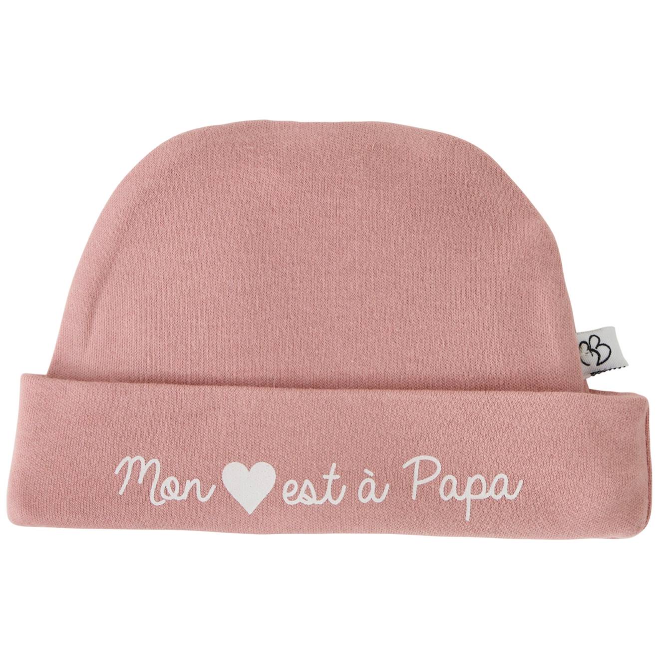 Bonnet De Naissance Doublé Pur Coton Mon Cœur Est À Maman Pierre Bleue Rose Thé