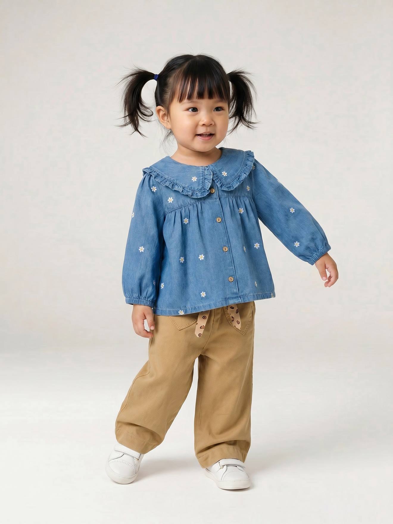 Pantalon bébé fille large ceinture à nouer beige