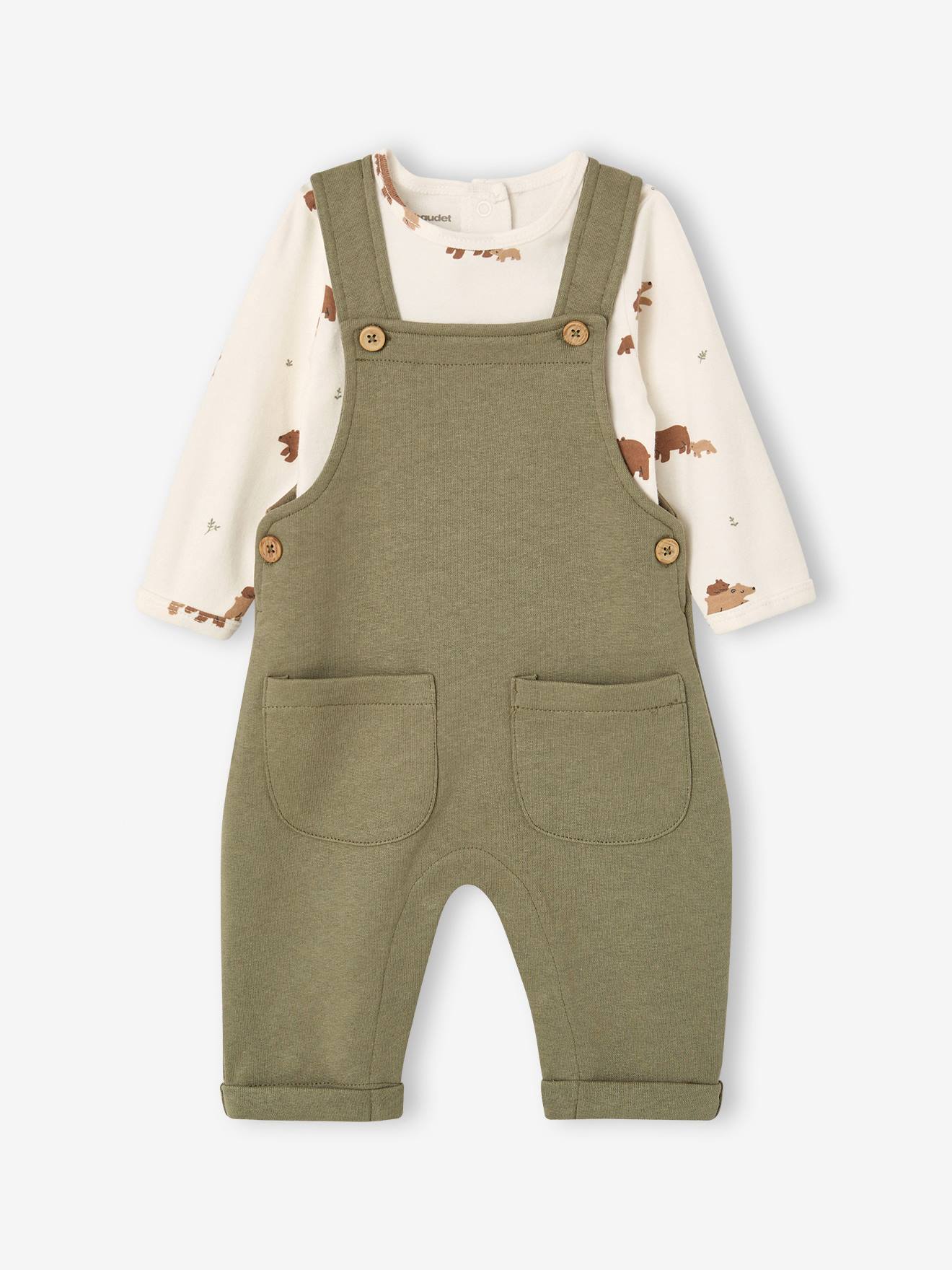Ensemble salopette et body naissance kaki