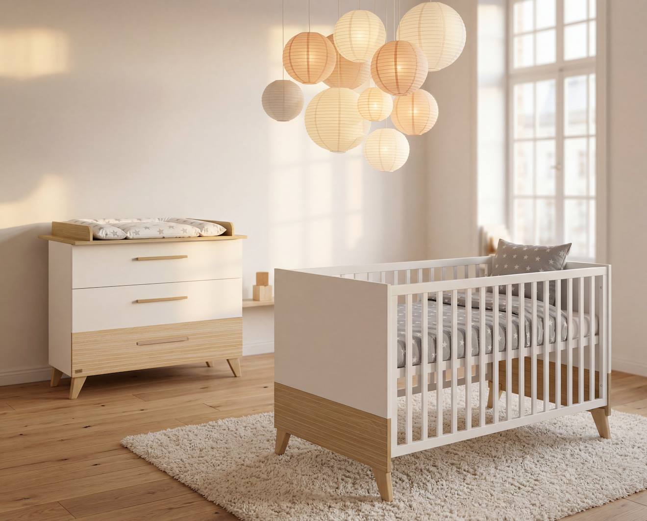 Set De Meubles 'theo' Duo - Lit Bébé Évolutif 70x140 + Commode À Langer Blanc / Chêne