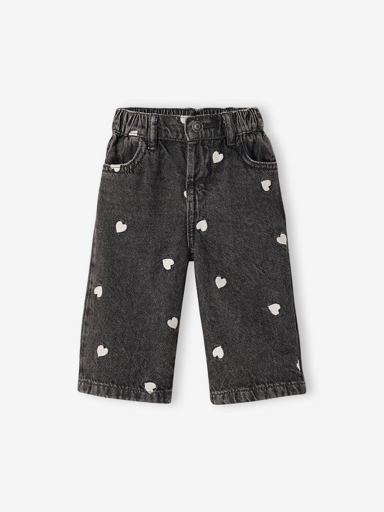 Jean large bébé fille petits coeurs brodés denim gris
