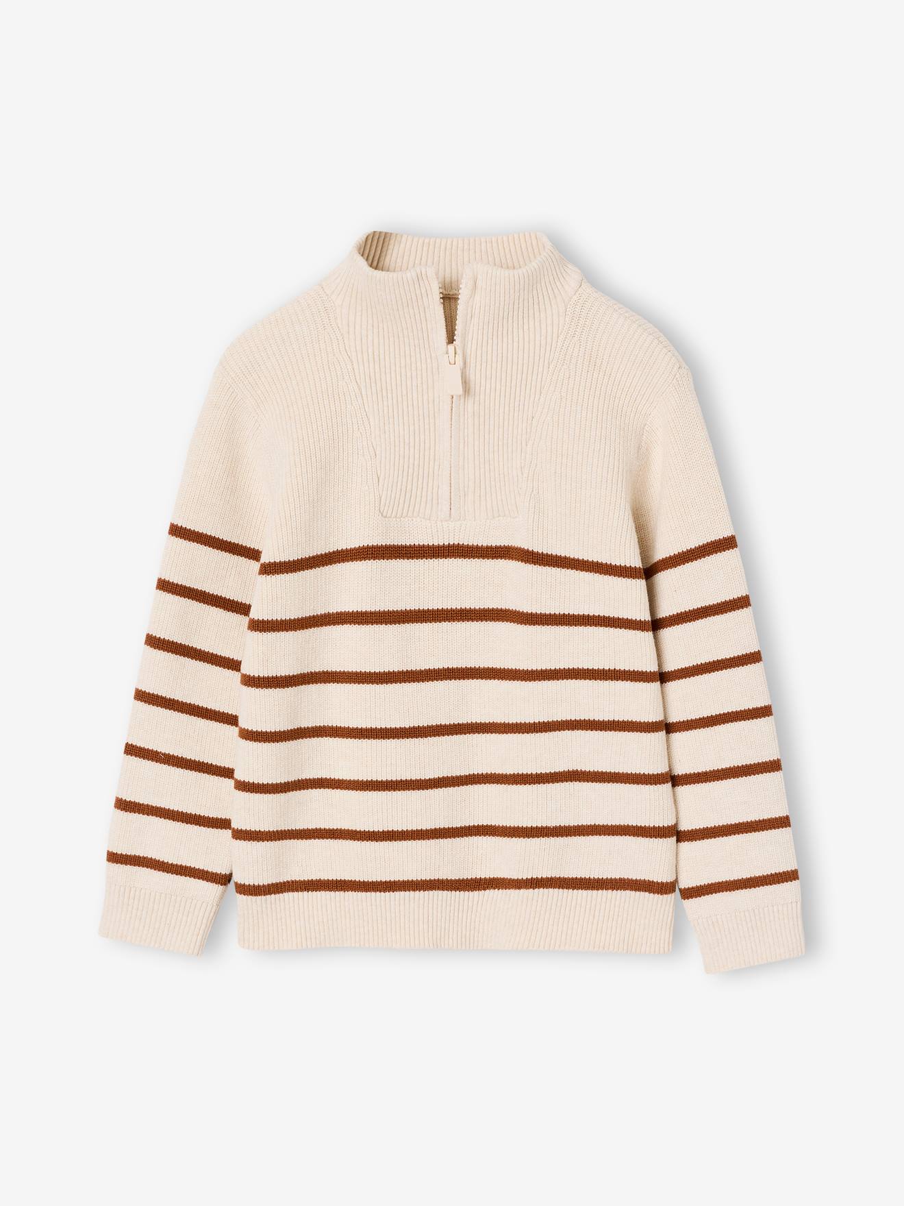 Pull garçon camionneur rayé manches longues écru