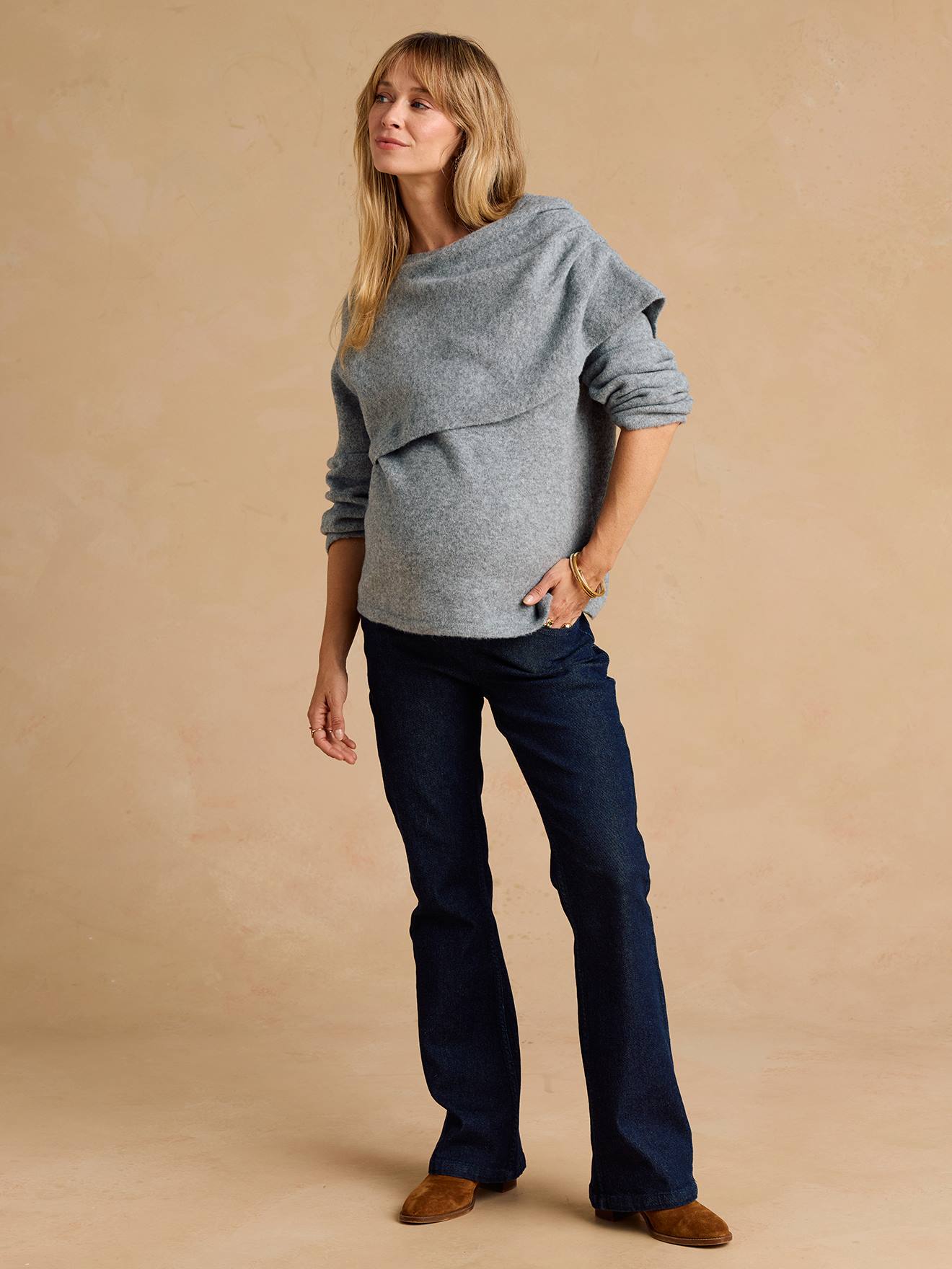 Pull de grossesse et allaitement drapé gris chiné