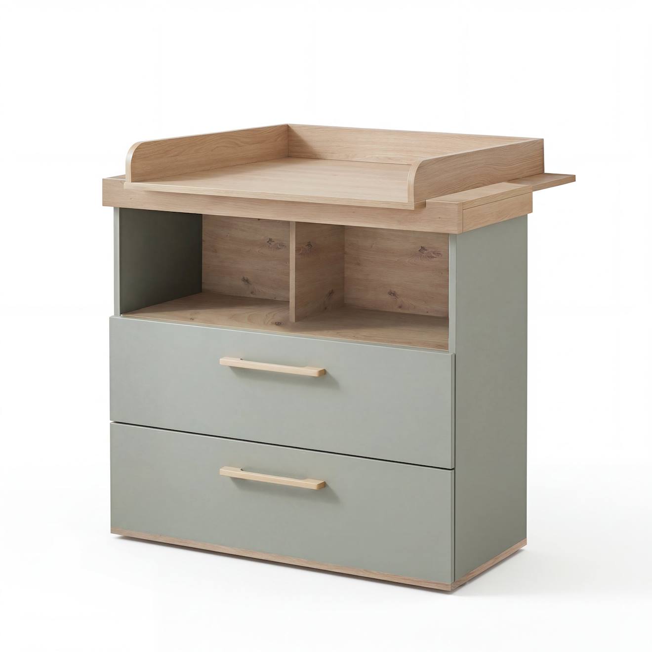 Commode À Langer 'jimmy' Avec Tiroir / Compartiment Ouvert – Poignées En Bois Massif Sauge