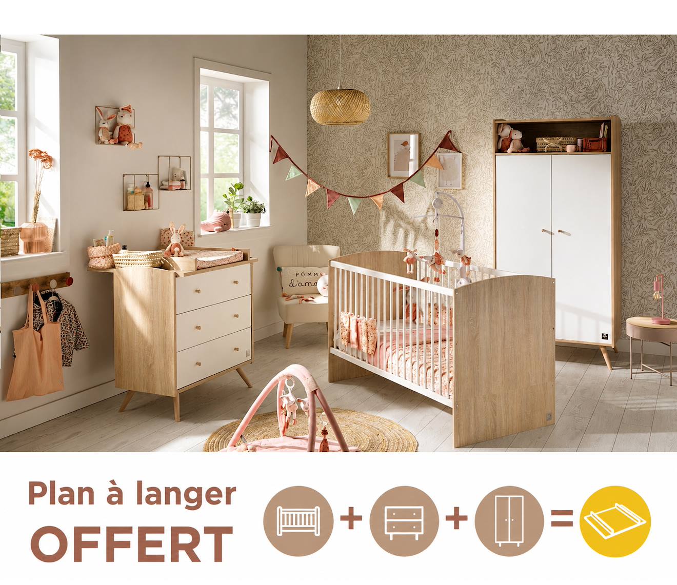 Chambre Bébé Trio: Lit Bébé 70x140 Évolutif, Commode À Langer 3 Tiroirs Et Armoire 2 Portes Décor Bois Chêne Et Blanc - Access Blanc/marron