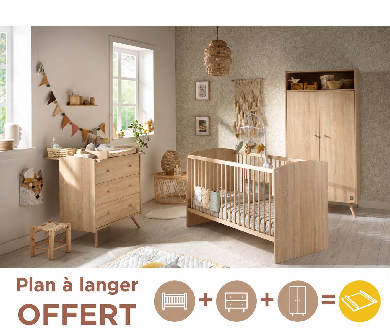 Chambre Bébé Trio: Lit Bébé 70x140 Évolutif, Commode À Langer 3 Tiroirs Et Armoire 2 Portes Décor Bois Chêne - Access Marron