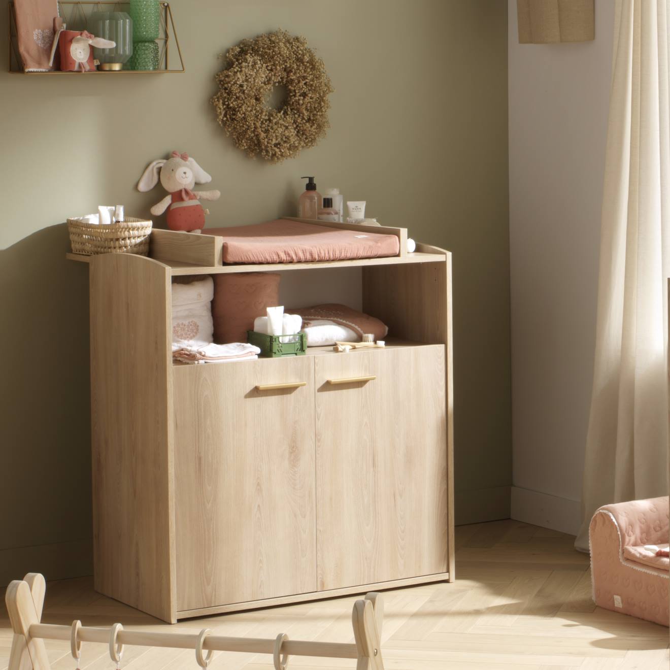 Commode À Langer 2 Portes Et Une Niche Décor Bois Hêtre - Adele Marron