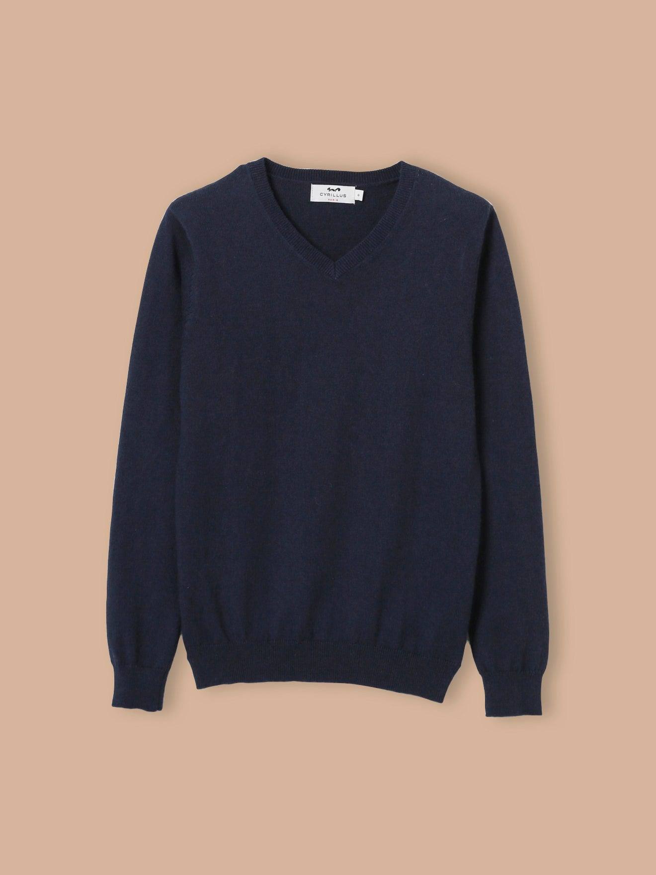 Pull Col V Garçon Bleu Fonce Uni