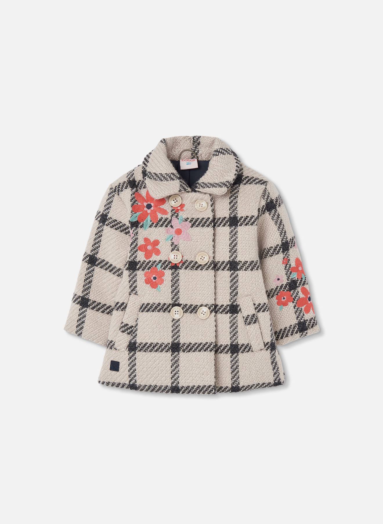 Manteau Fille Carreaux Broderie Fleurs Beige