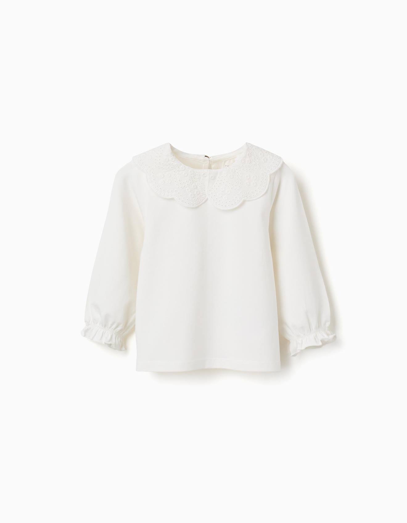 T-shirt À Manches Longues Avec Col En Broderie Anglaise Blanc