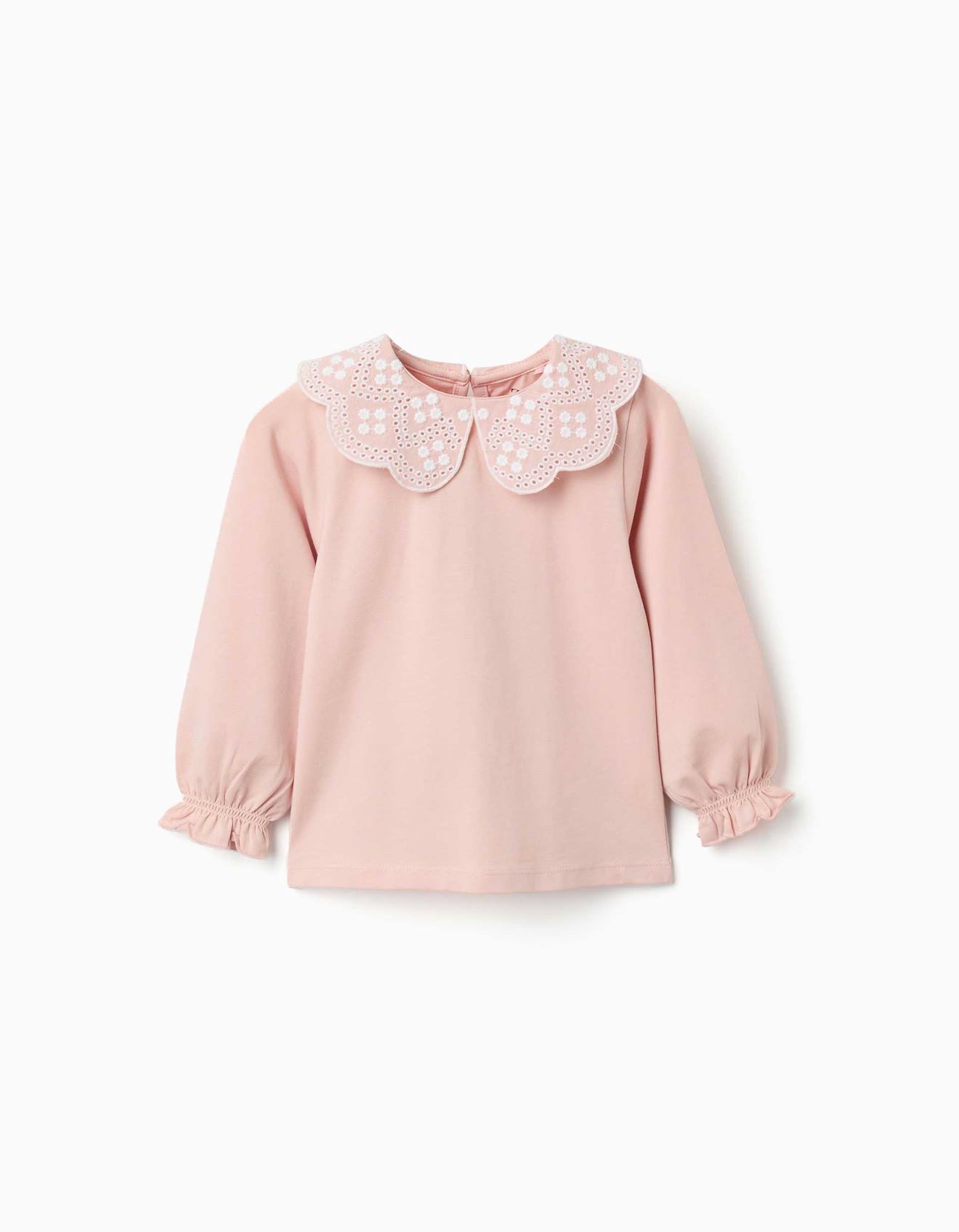 T-shirt À Manches Longues Avec Col En Broderie Anglaise Rose Clair