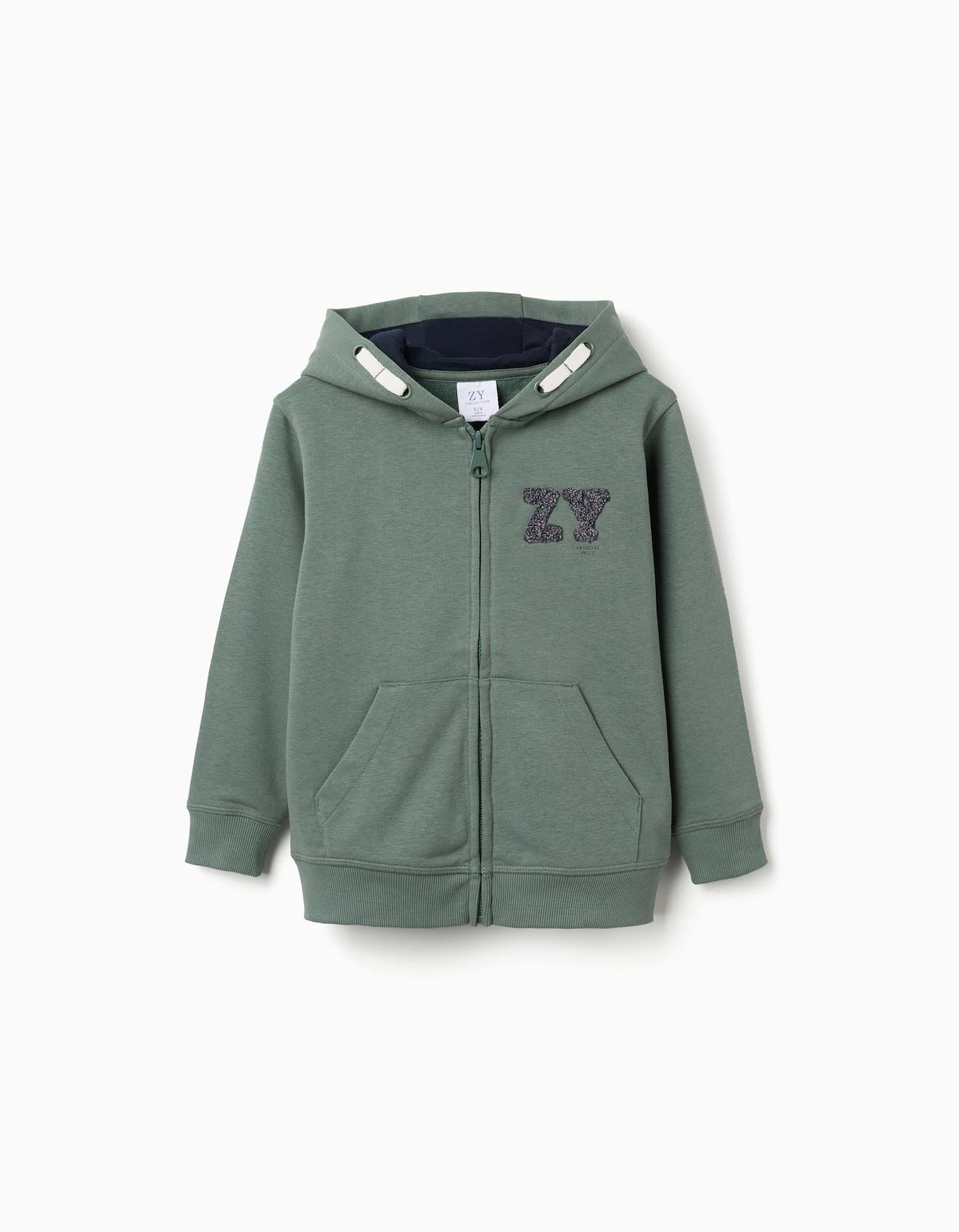 Sweat Zippé En Coton Avec Capuche Et Broderie En Bouclettes Zy Vert Foncé