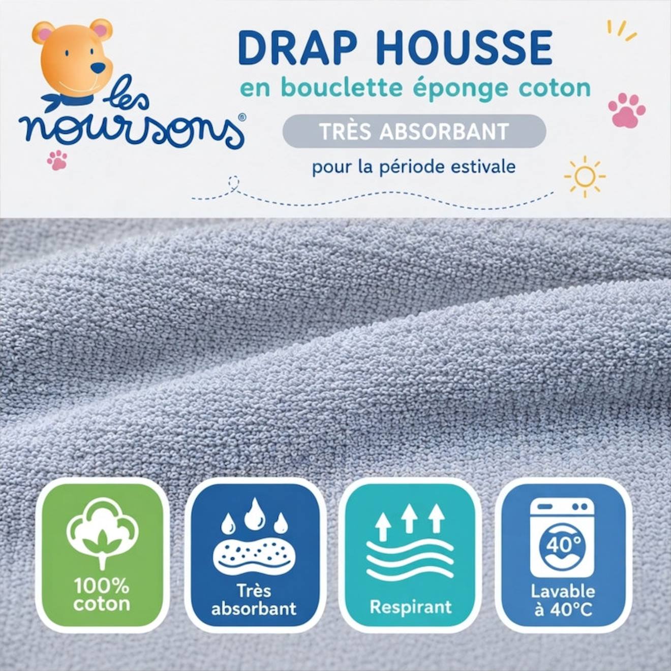 Pack Matelas Pliant 60x120 + Drap Housse Éponge Bleu - Idéal Voyage - Déhoussable Et Sain Bleu (Les Noursons) - Image 2