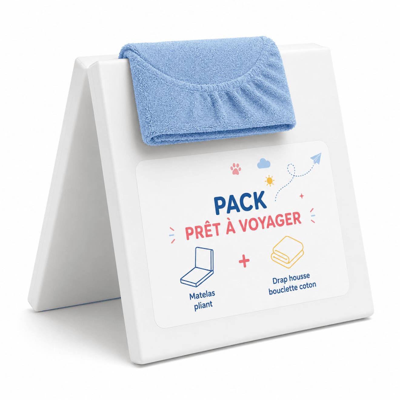 Pack Matelas Pliant 60x120 + Drap Housse Éponge Bleu - Idéal Voyage - Déhoussable Et Sain Bleu (Les Noursons) - Couverture