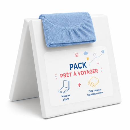 Les Noursons - Pack Matelas Pliant 60x120 + Drap Housse Éponge Bleu - Idéal Voyage - Déhoussable Et Sain Bleu
