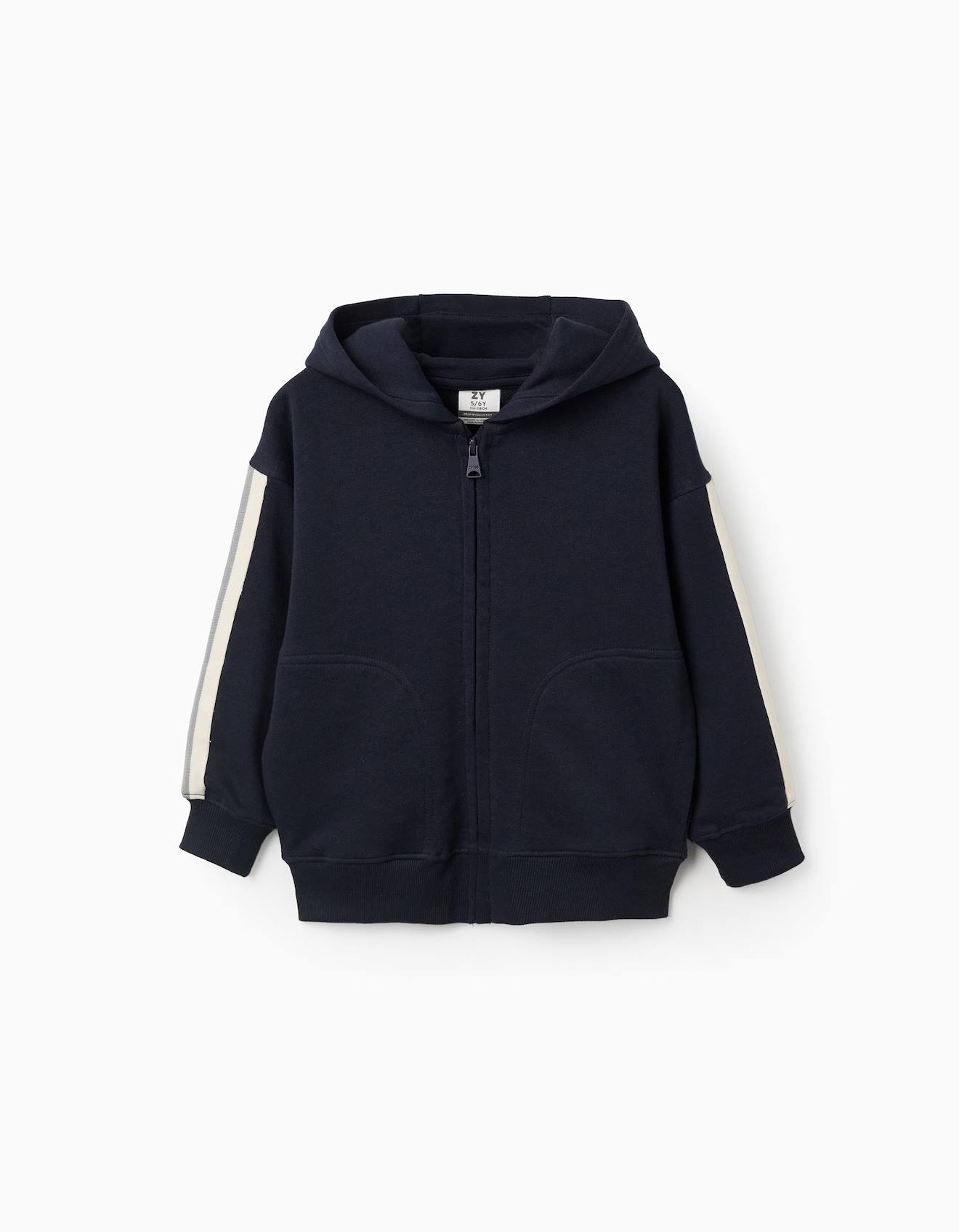 Sweat Zippé En Coton Avec Capuche Et Bande À Rayures Bleu Foncé