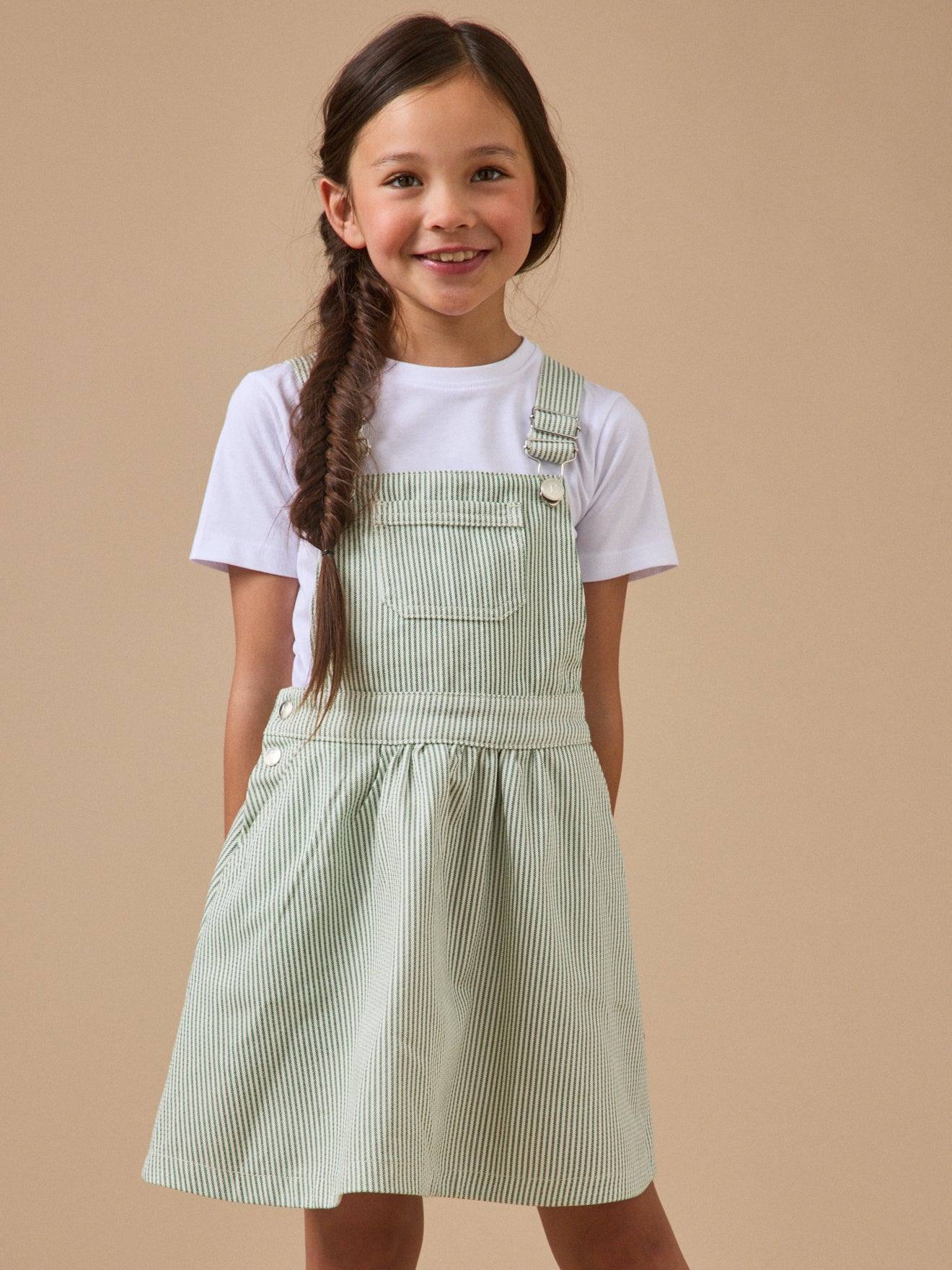 Robe Salopette Denim Rayée Fille Rayure Verte