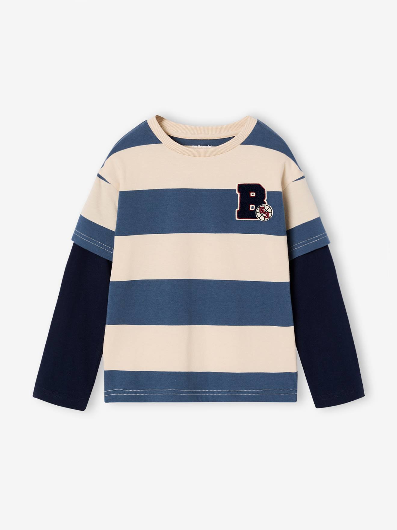 Tee-shirt rayé effet double manches bleu moyen