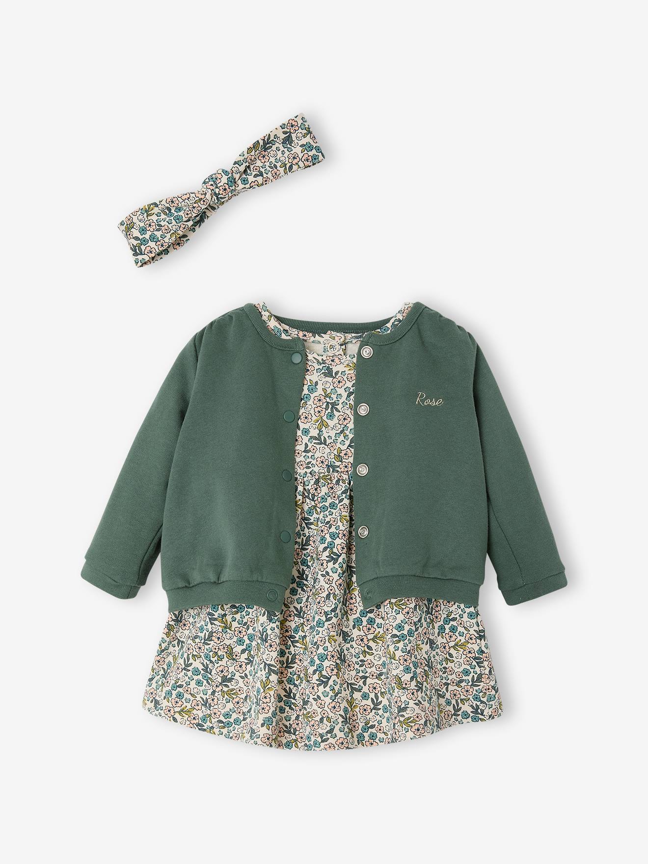 Ensemble bébé fille 3 pièces robe cardigan bandeau vert