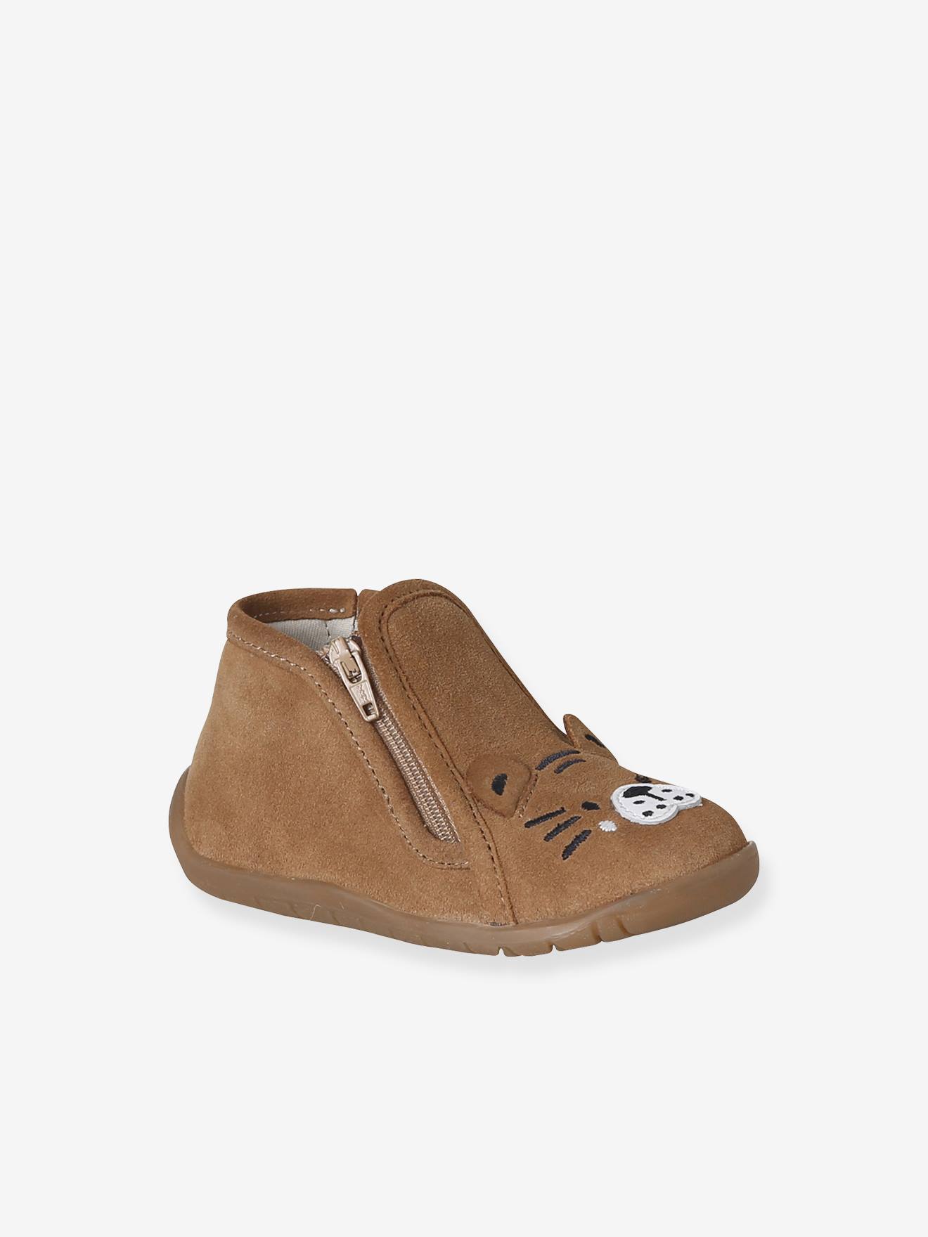 Chaussons bb cuir souple zip marron 27$