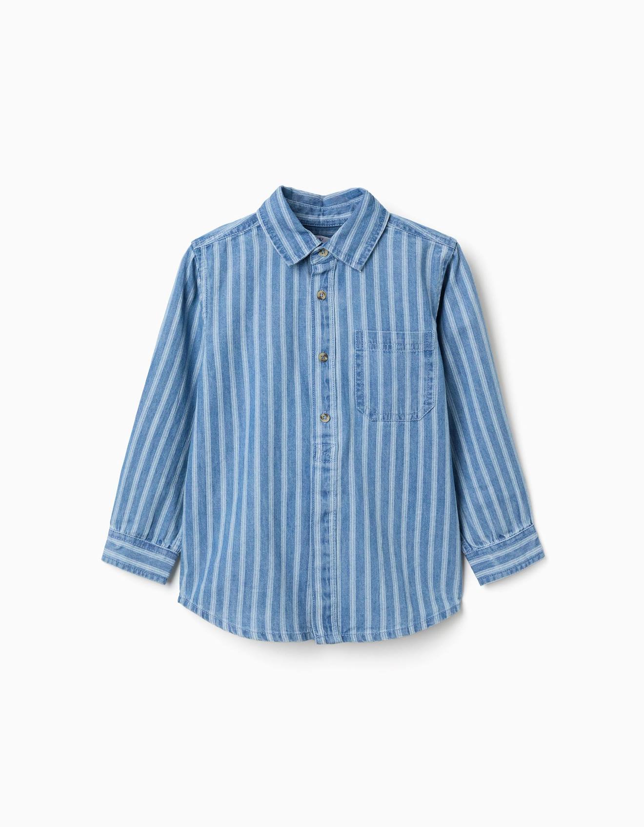Chemise En Jean À Rayures Et Poche Bleu