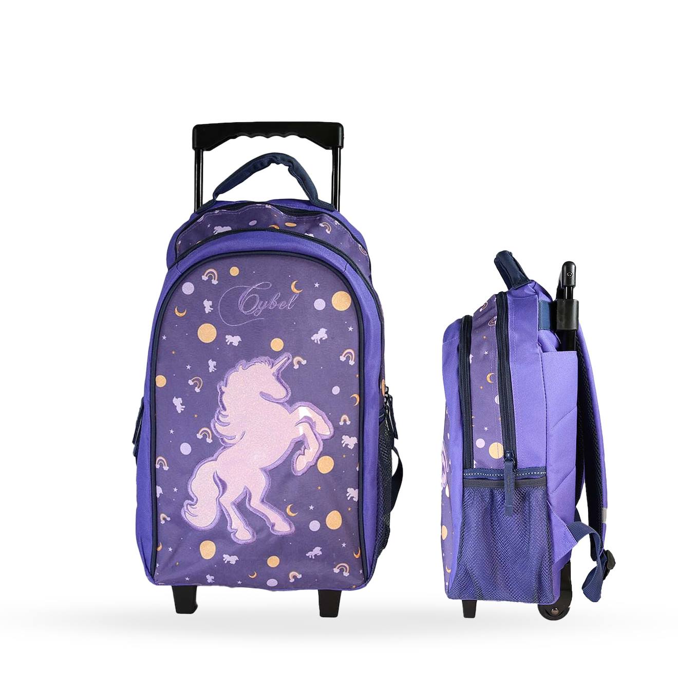 Sac À Dos Scolaire À Roulettes 2 Compartiments Cybel Licorne Céleste Violet