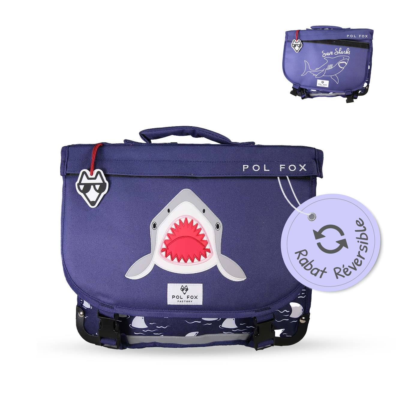 Cartable Réversible 2 Compartiments Shark - 38 Cm Bleu