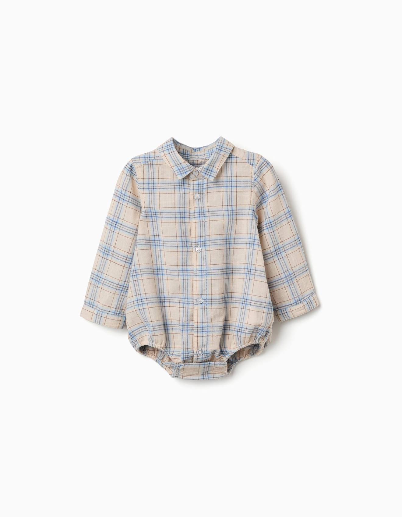 Body-chemise En Coton À Motif À Carreaux Gris Clair