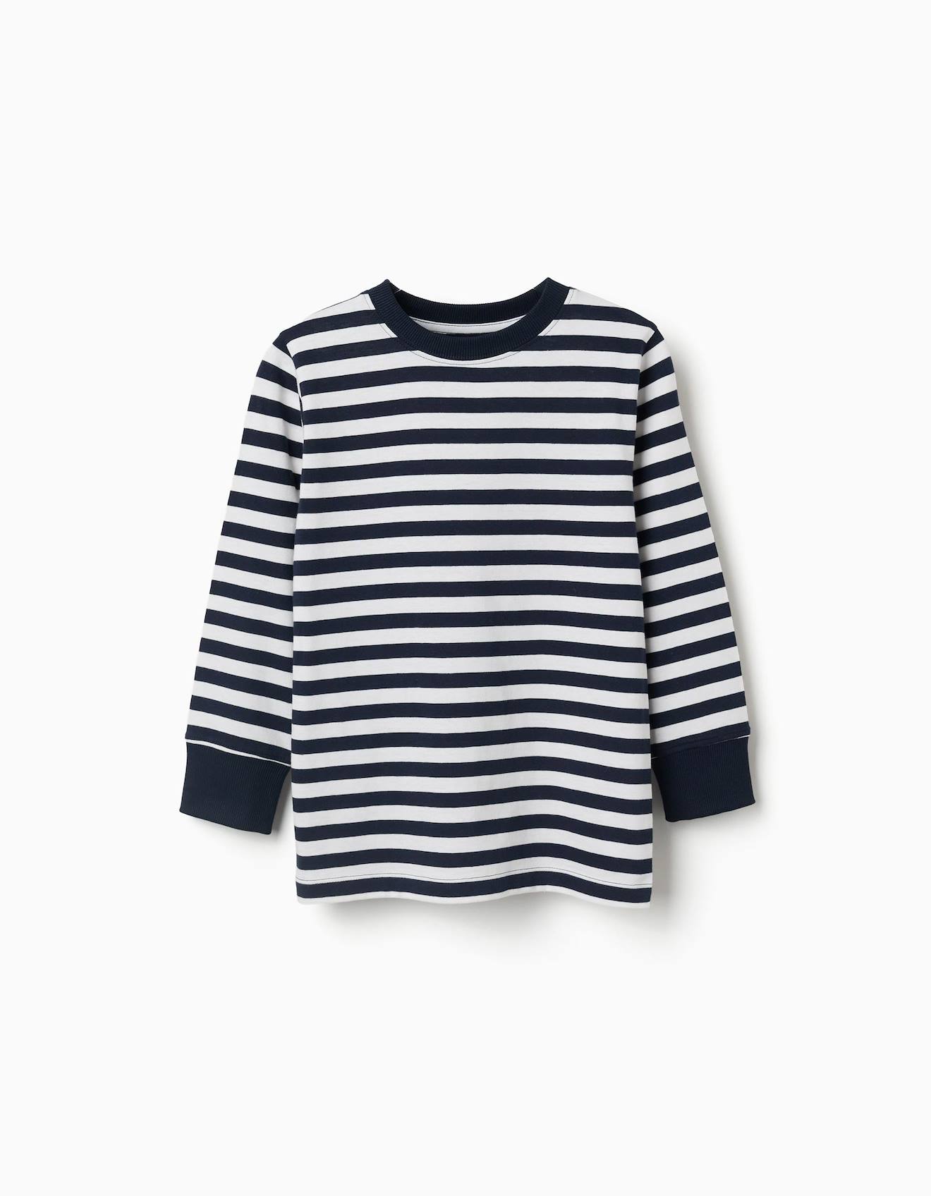 T-shirt En Coton À Manches Longues À Rayures Bleu Foncé