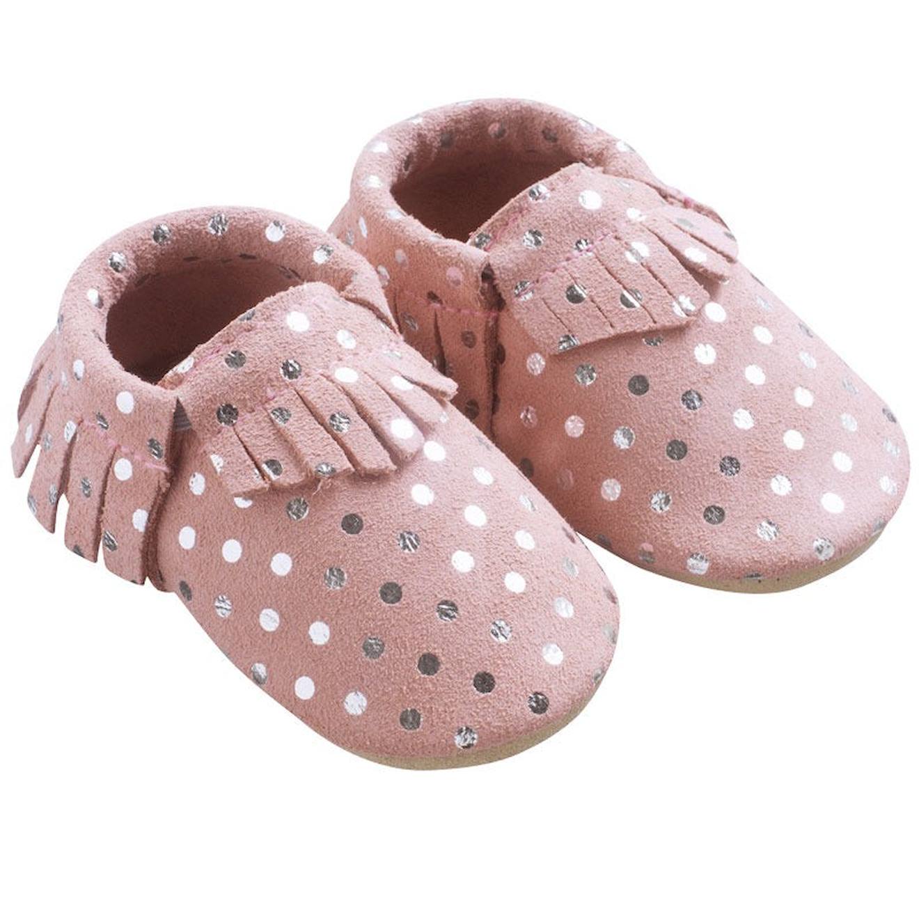 Chaussons Cuir Souple Franges Pois Rose 20 €
