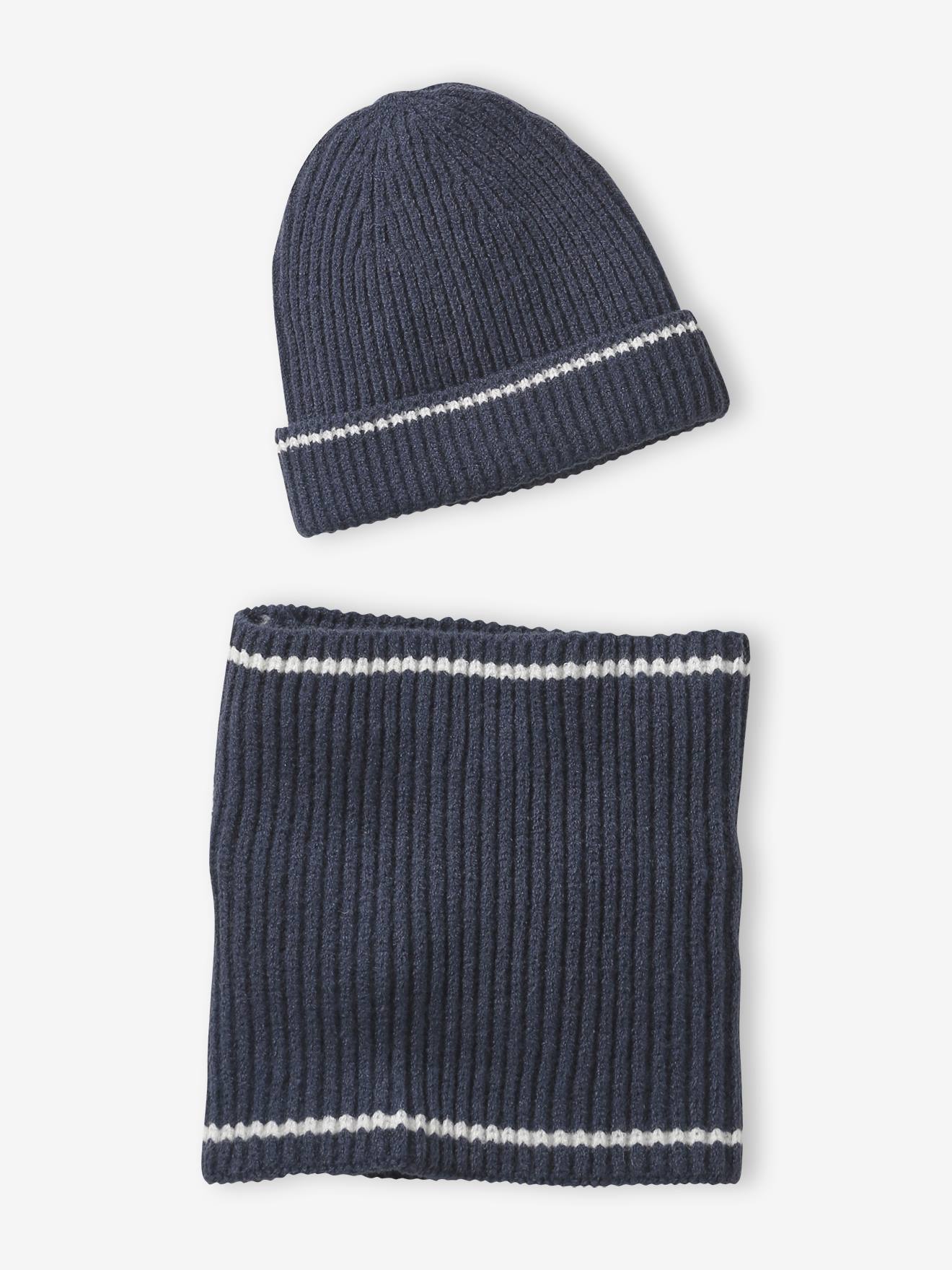 Lot bonnet et snood en maille côtelée marine