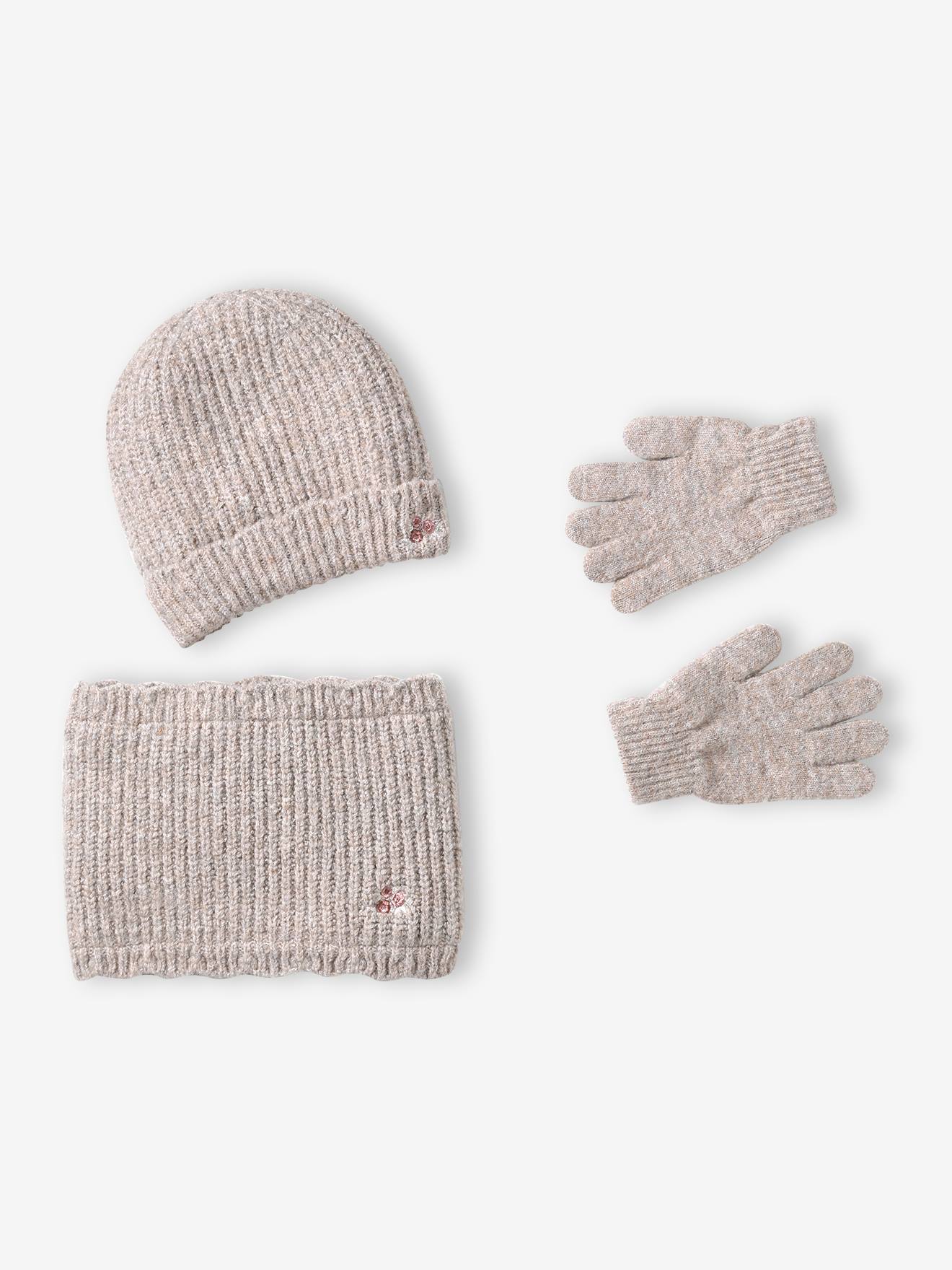 Ensemble fille tricot bonnet, snood et gants beige