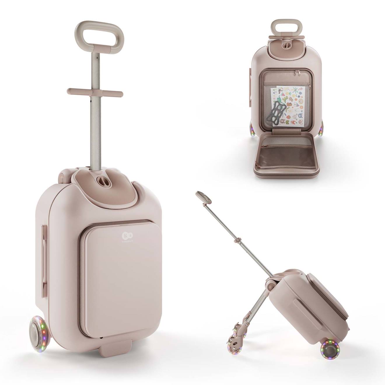 Valise Cabine Enfant Kinderkraft Cabby 2 En 1 Porteur Avec Siège Roues Lumineuses Pliable Compacte 20l Pink
