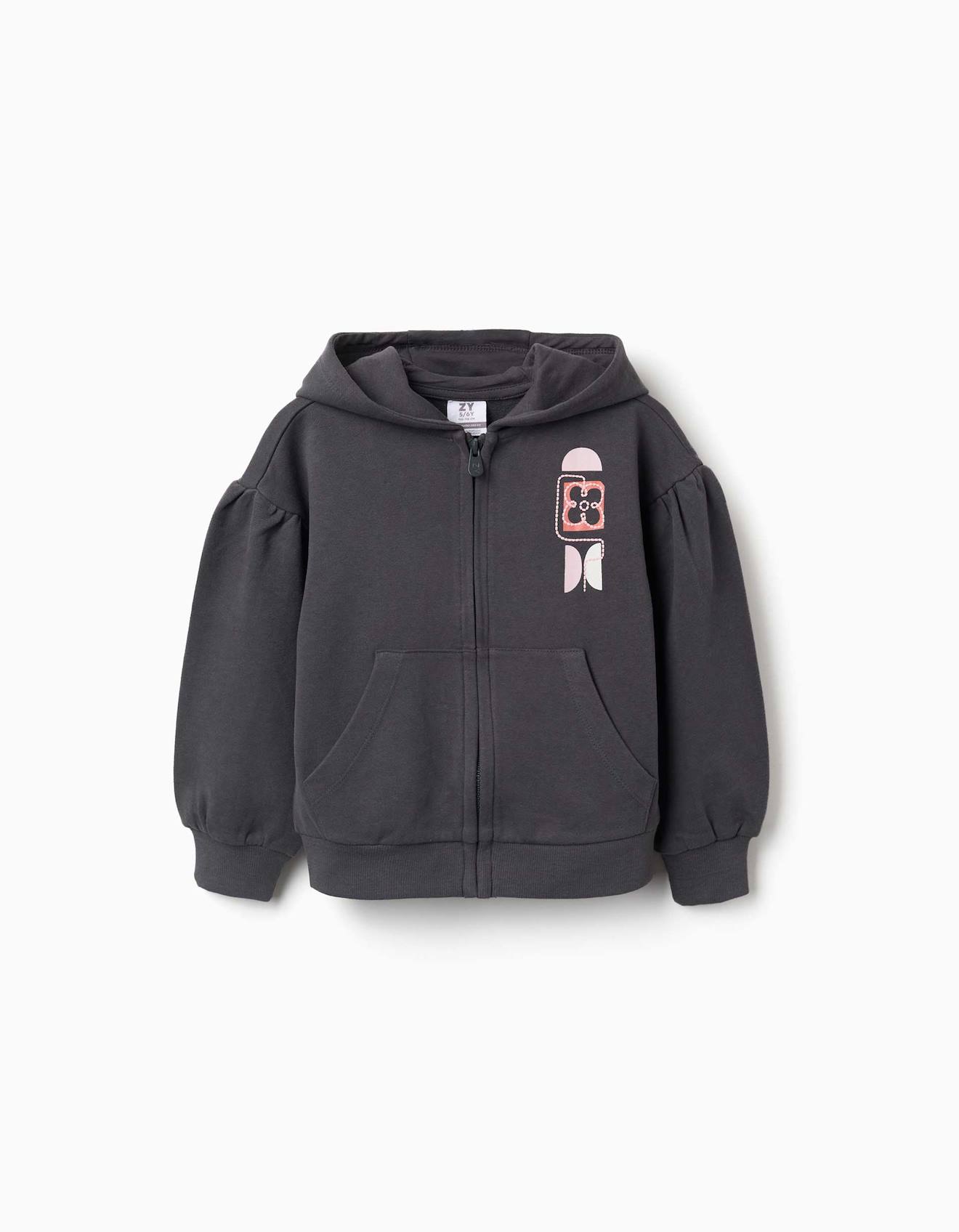 Sweat Zippé En Coton À Capuche Et Imprimé Floral Gris Foncé