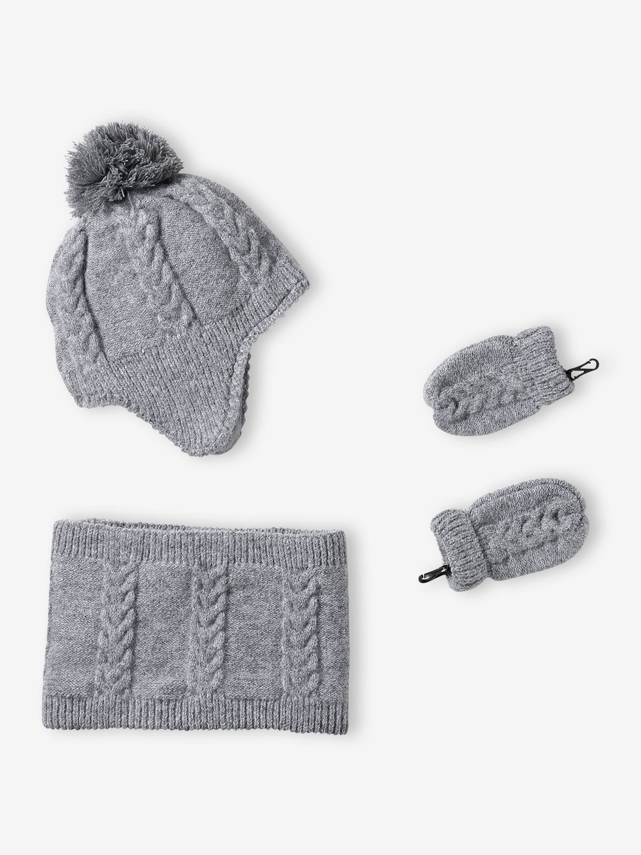 Ensemble bébé bonnet, snood et moufles gris chiné