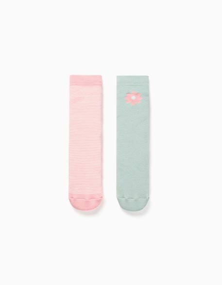 Fille-Sous-vêtement-2 chaussettes en éponge antidérapantes avec rayures et fleur