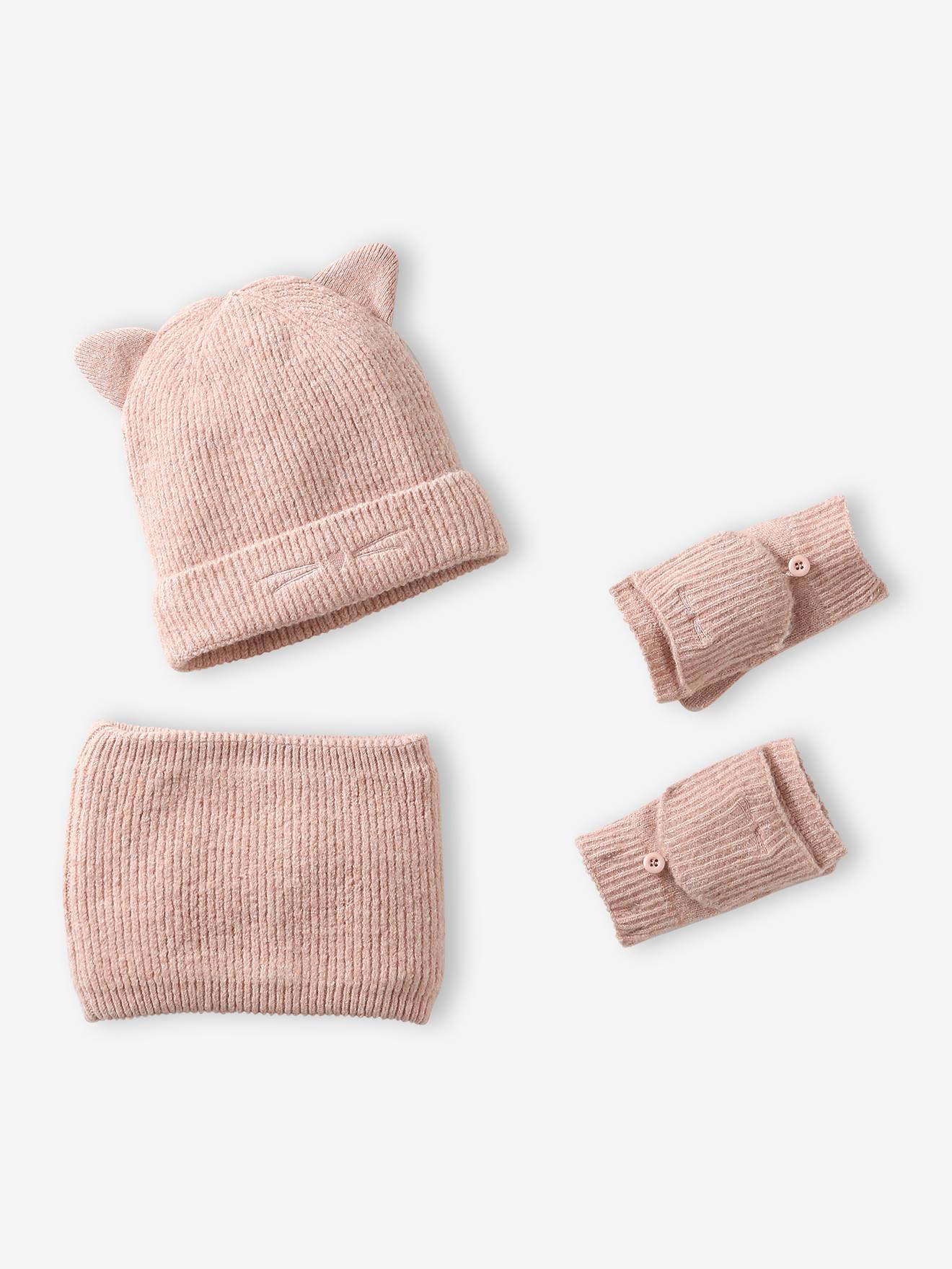 Ensemble bonnet, snood et mitaines beige poudré
