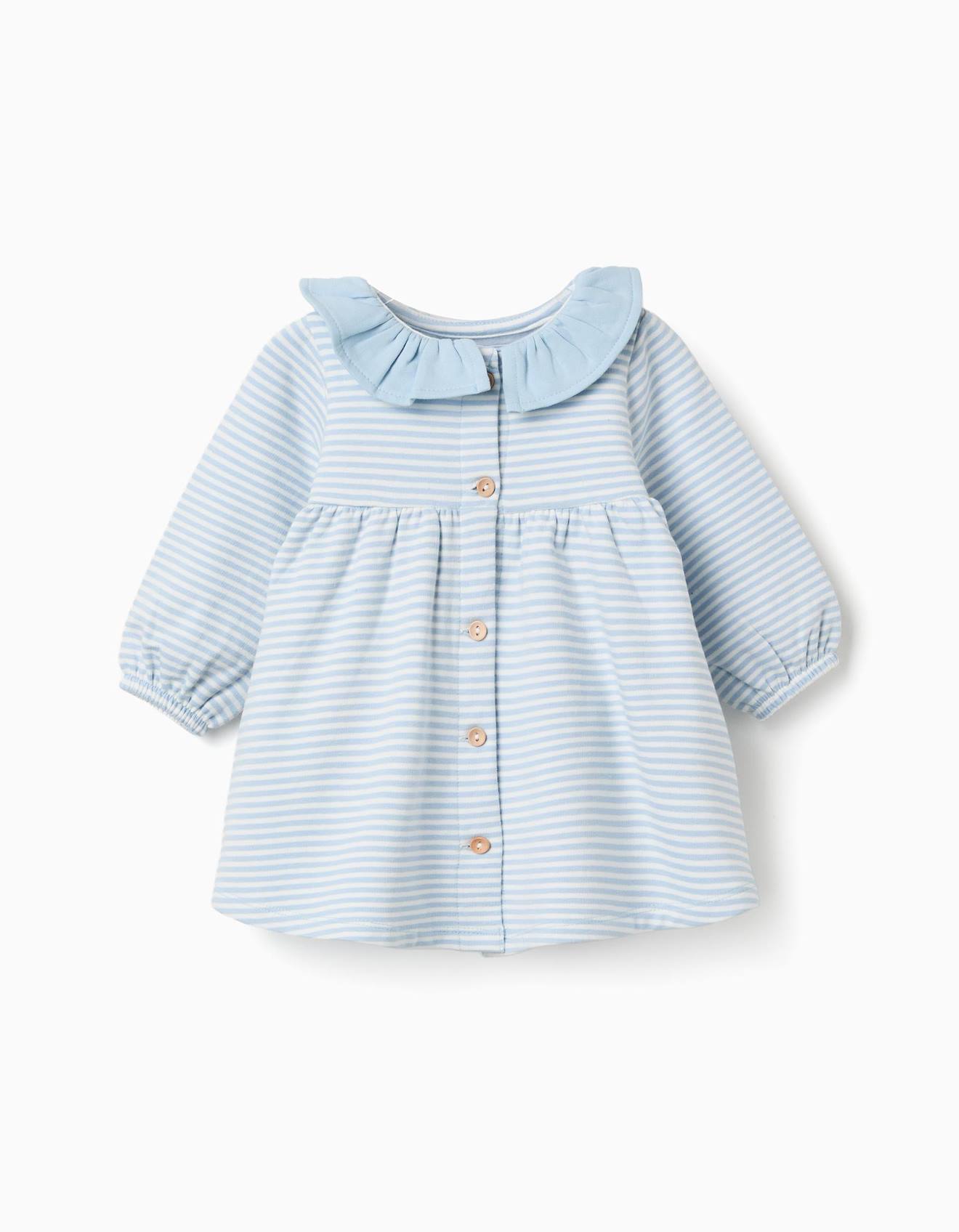 Robe À Manches Longues En Coton Peigné À Rayures Bleu Clair