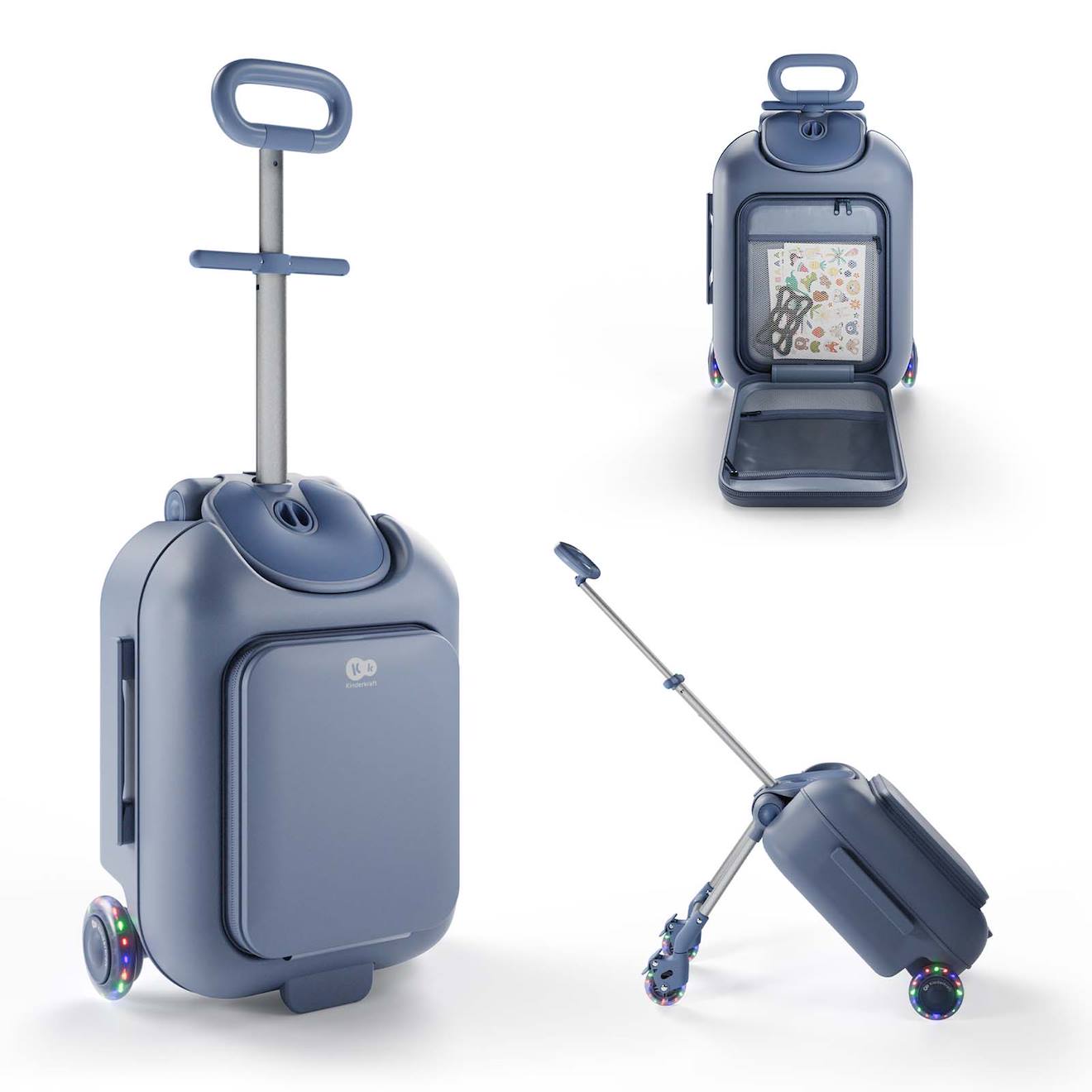 Valise Cabine Enfant Kinderkraft Cabby 2 En 1 Porteur Avec Siège Roues Lumineuses Pliable Compacte 20l Blue
