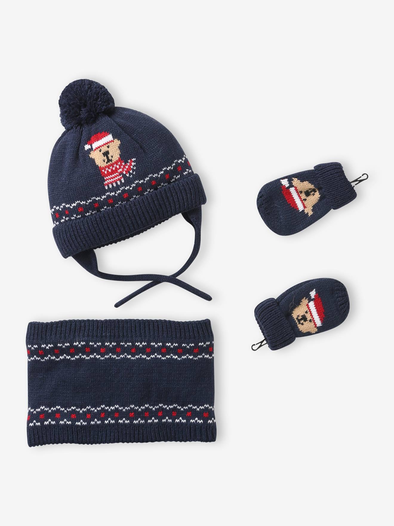 Ensemble bébé bonnet, snood et moufles marine