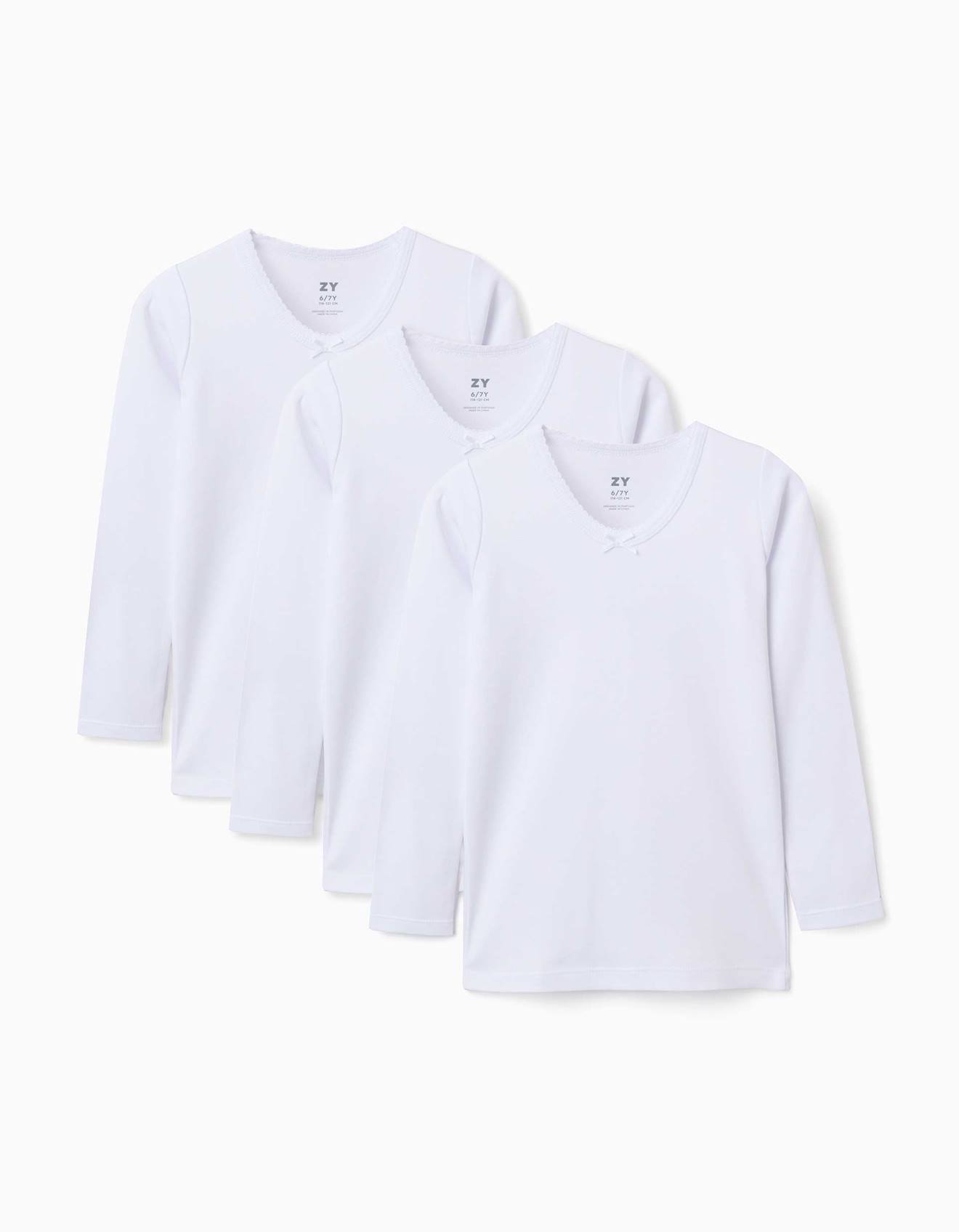 Lot De 3 T-shirts Maillot De Corps À Manches Longues En Coton Peigné Blanc