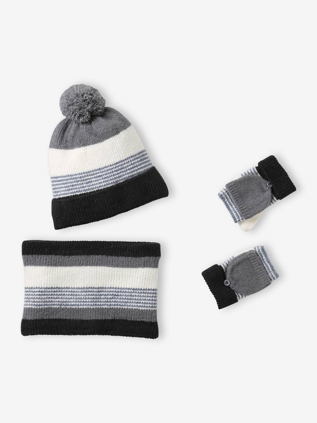 Ensemble garon bonnet snood gants rays gris 26$