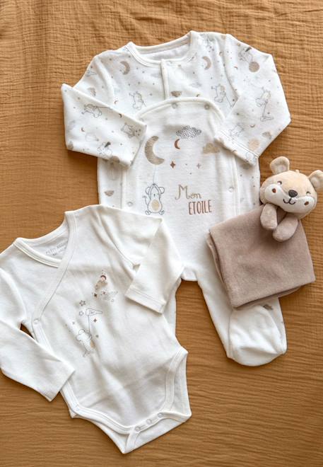 Petit Beguin - Kit Naissance 3 Pièces Pyjama, Body Et Doudou Bébé Eliah Ecru