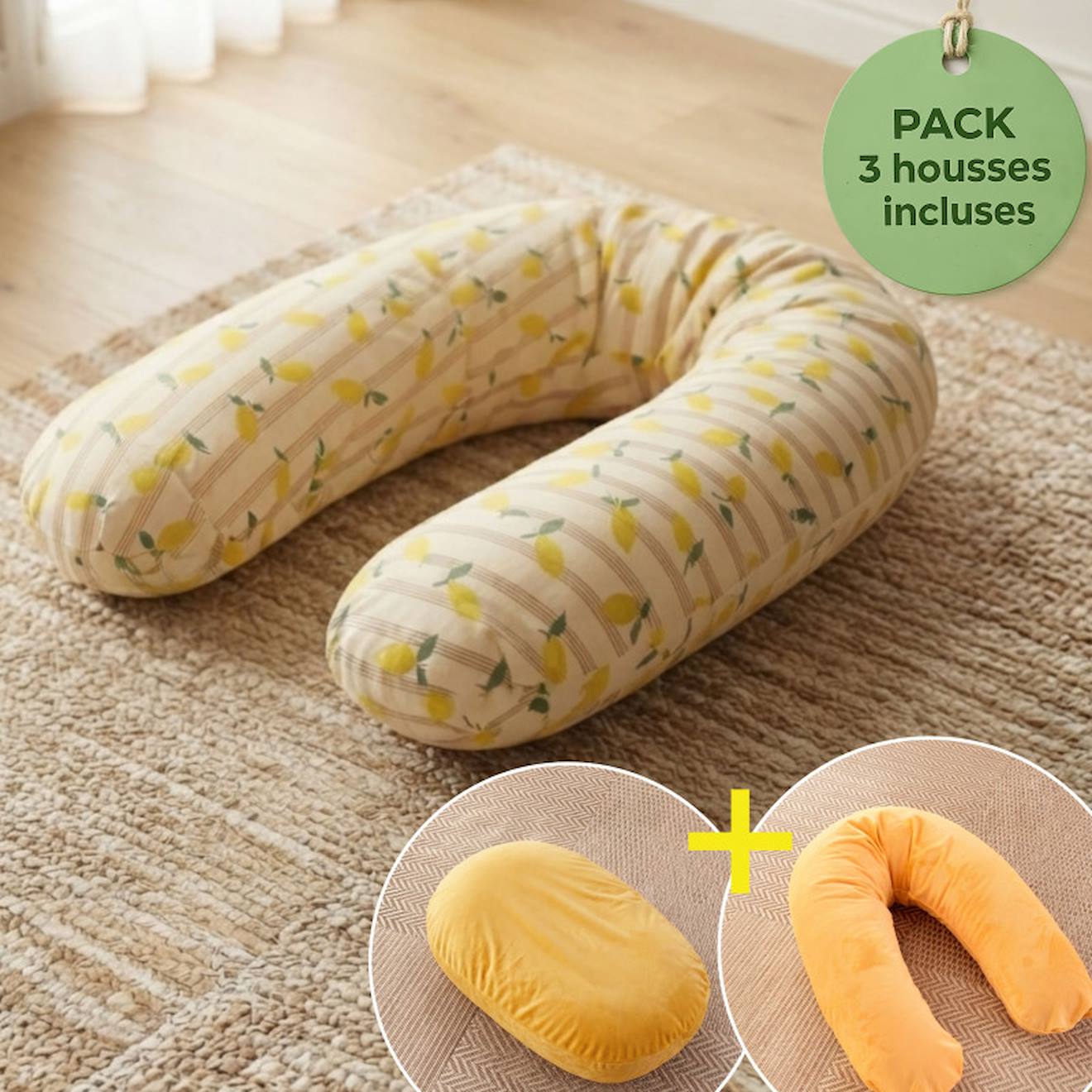 Pack Coussin De Maternité Xxl - 2 Housses (citron & Velours) + Charlotte - Grossesse Et Allaitement Jaune