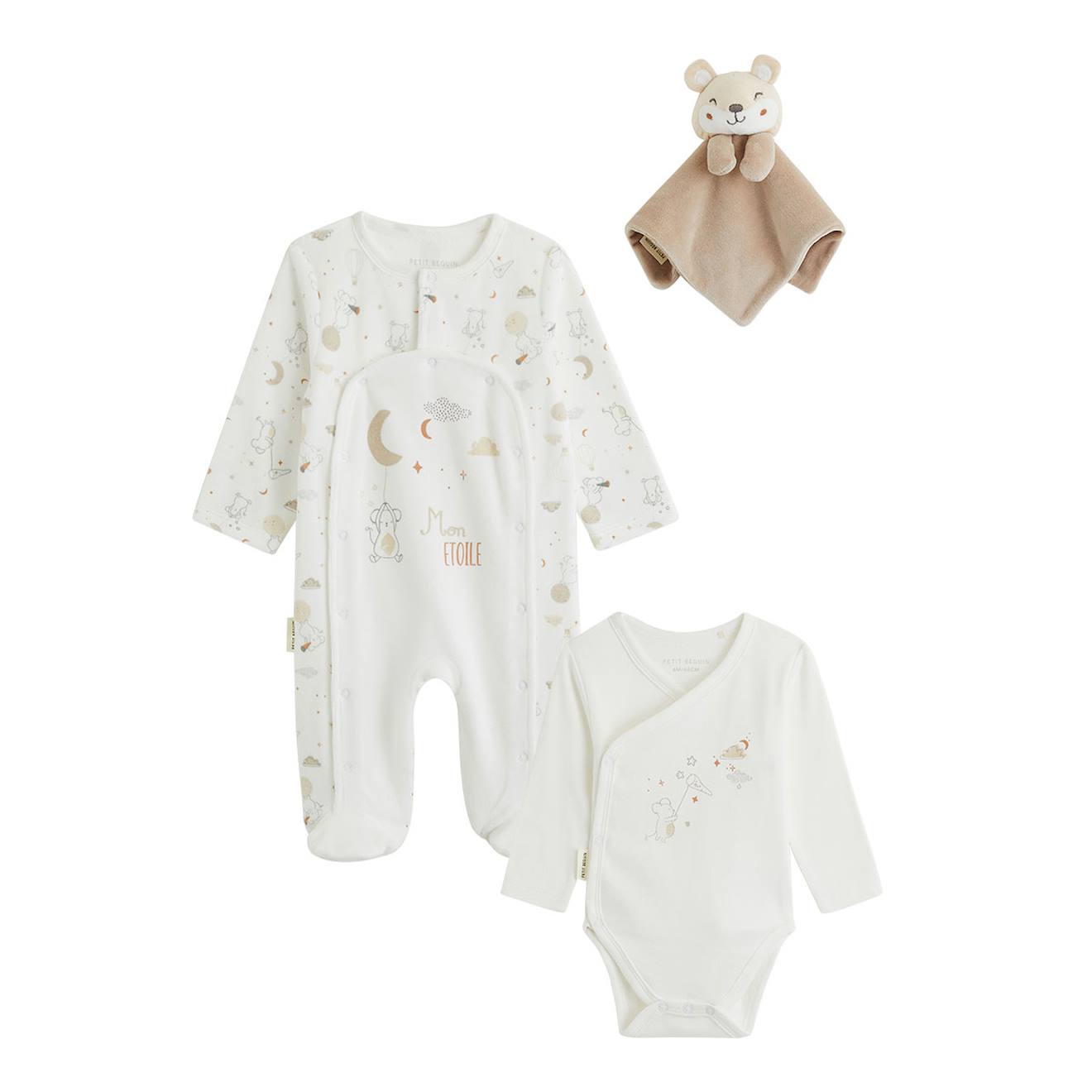 Kit Naissance 3 Pièces Pyjama, Body Et Doudou Bébé Eliah Ecru (Petit Beguin) - Image 1