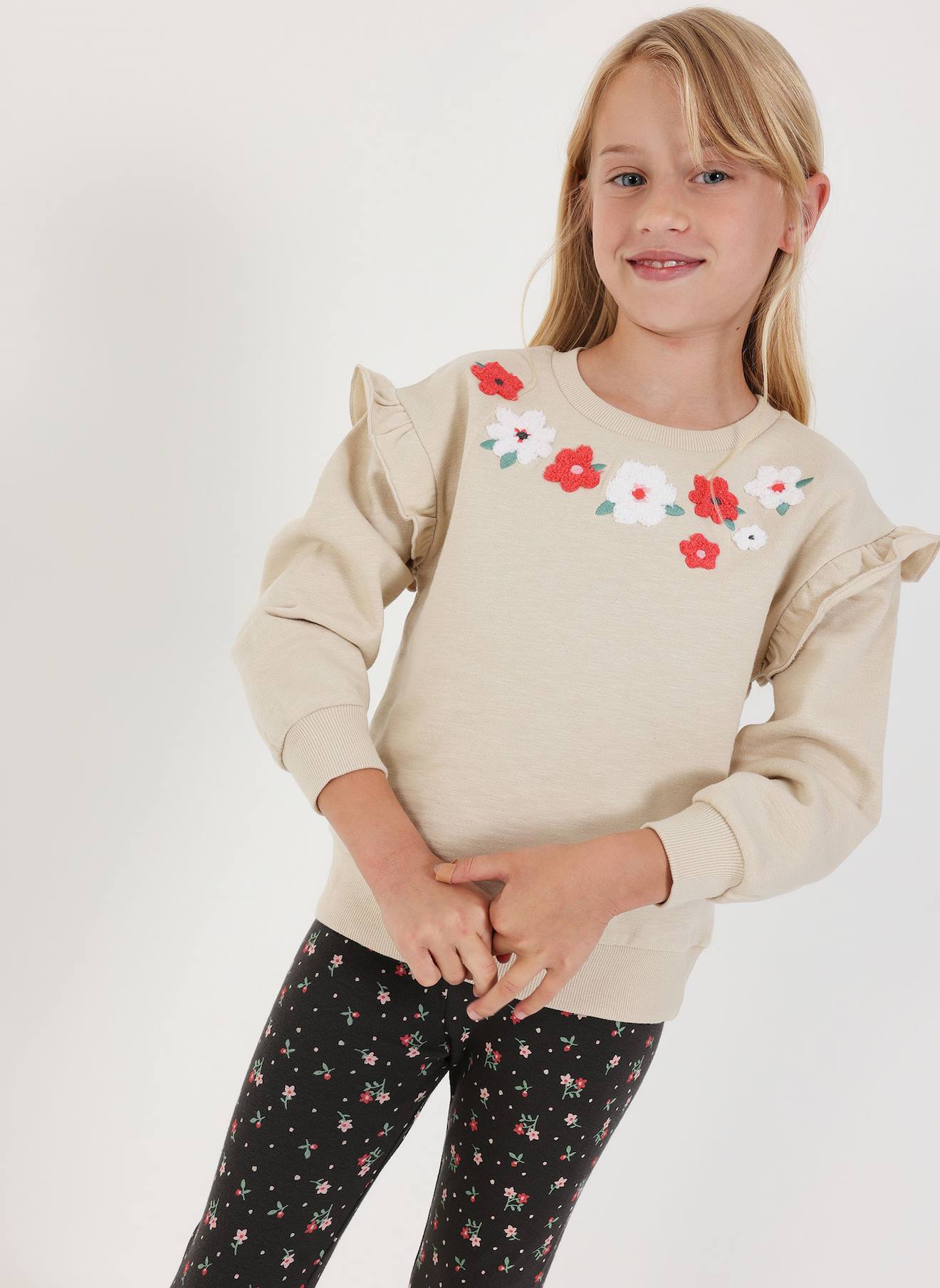 Sweat-shirt Molleton Fille Brodé Fleurs Beige