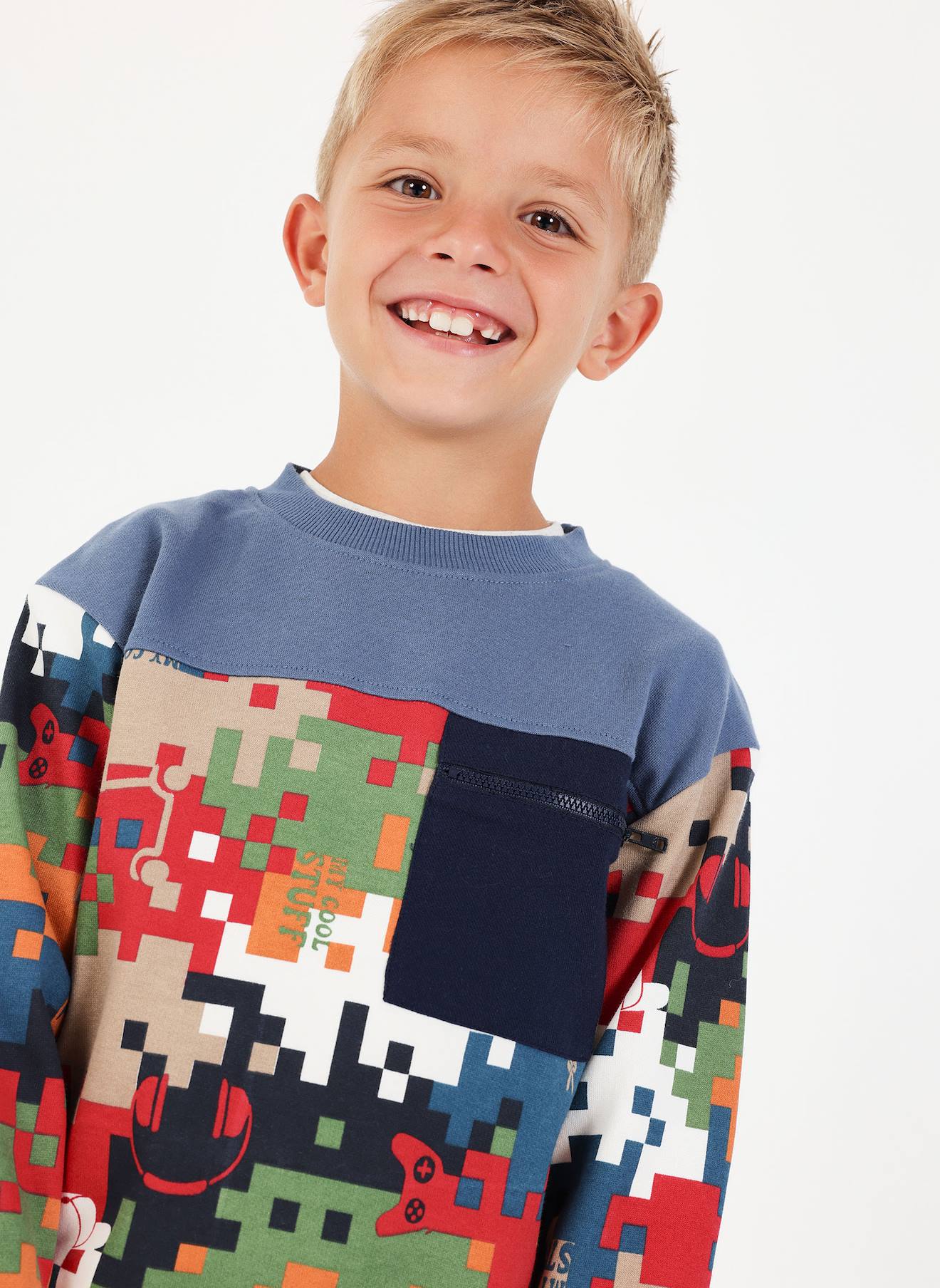 Sweat-shirt Garçon En Molleton Imprimé Pixels Multicolore