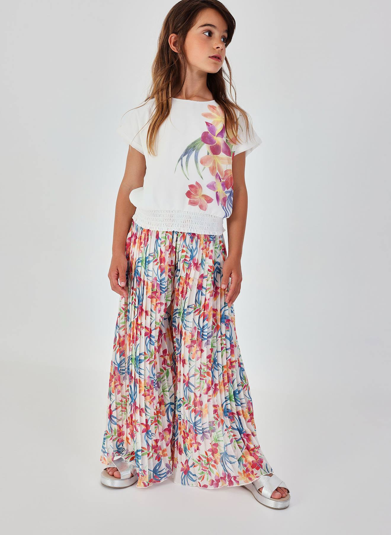 Pantalon Fille Imprimé Feuilles Évasé Multicolore